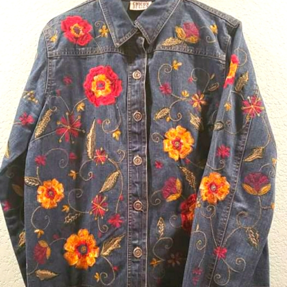 Chico's Jackets & Blazers - Chico's Design Floral Embroidered Denim Jacket